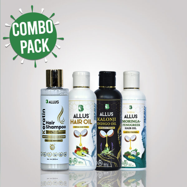 Allus Hair Oil 300ml + Allus Kalonji Indigo Oil 300ml + Allus Moringa Hair Oil 300ml + Allus Keratin Hair Shampoo 200ml (Pack of 4)