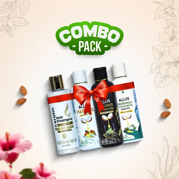 Allus Hair Oil 100ml + Allus Kalonji Indigo Oil 100ml + Allus Moringa Hair Oil 100ml + Allus Keratin Hair Shampoo 200ml (Pack of 4)
